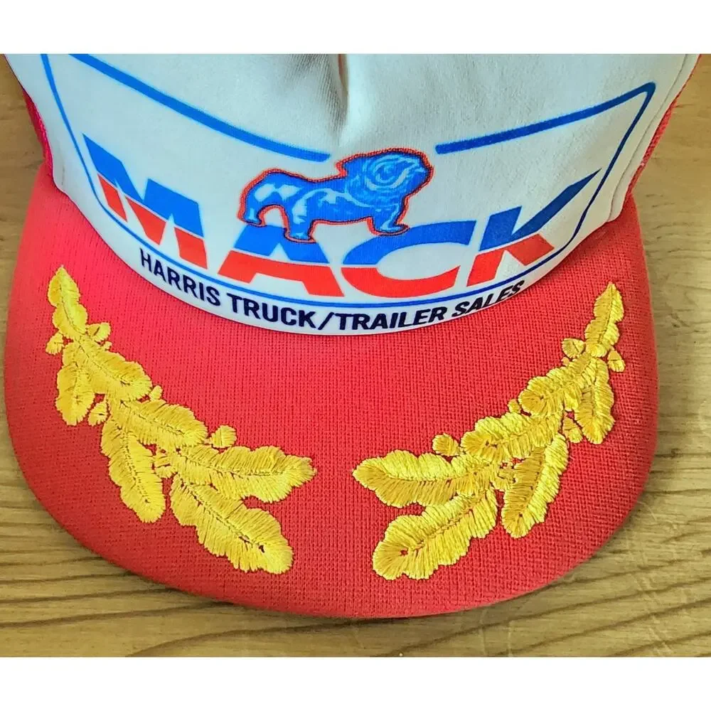 Mack Trucker Hat Harris Sales Bulldog Snapback Men's Red White Gold Leaves